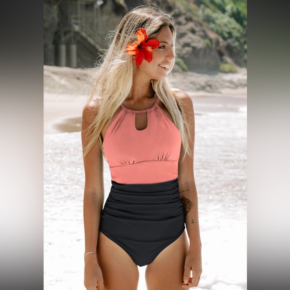 Cupshe Coral Pink and Black High-Neck One-Piece Swimsuit